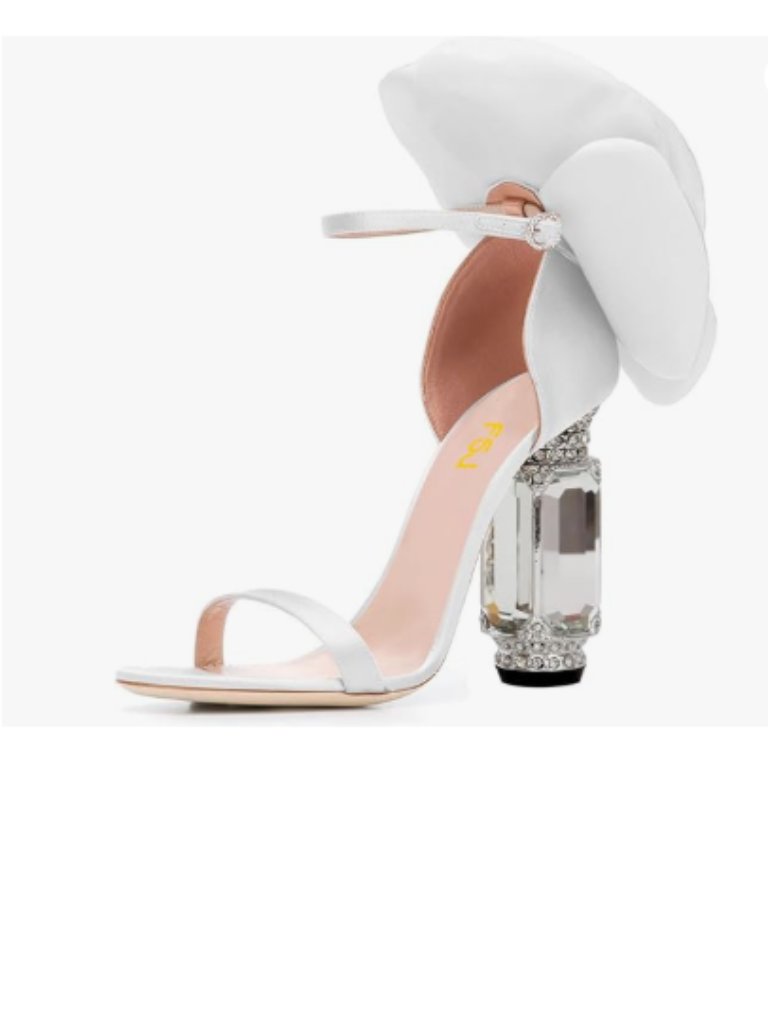 Fsj White Open Toe Crystal Heels Sandals With Flower Bloom Back Ankle Strap Shoe